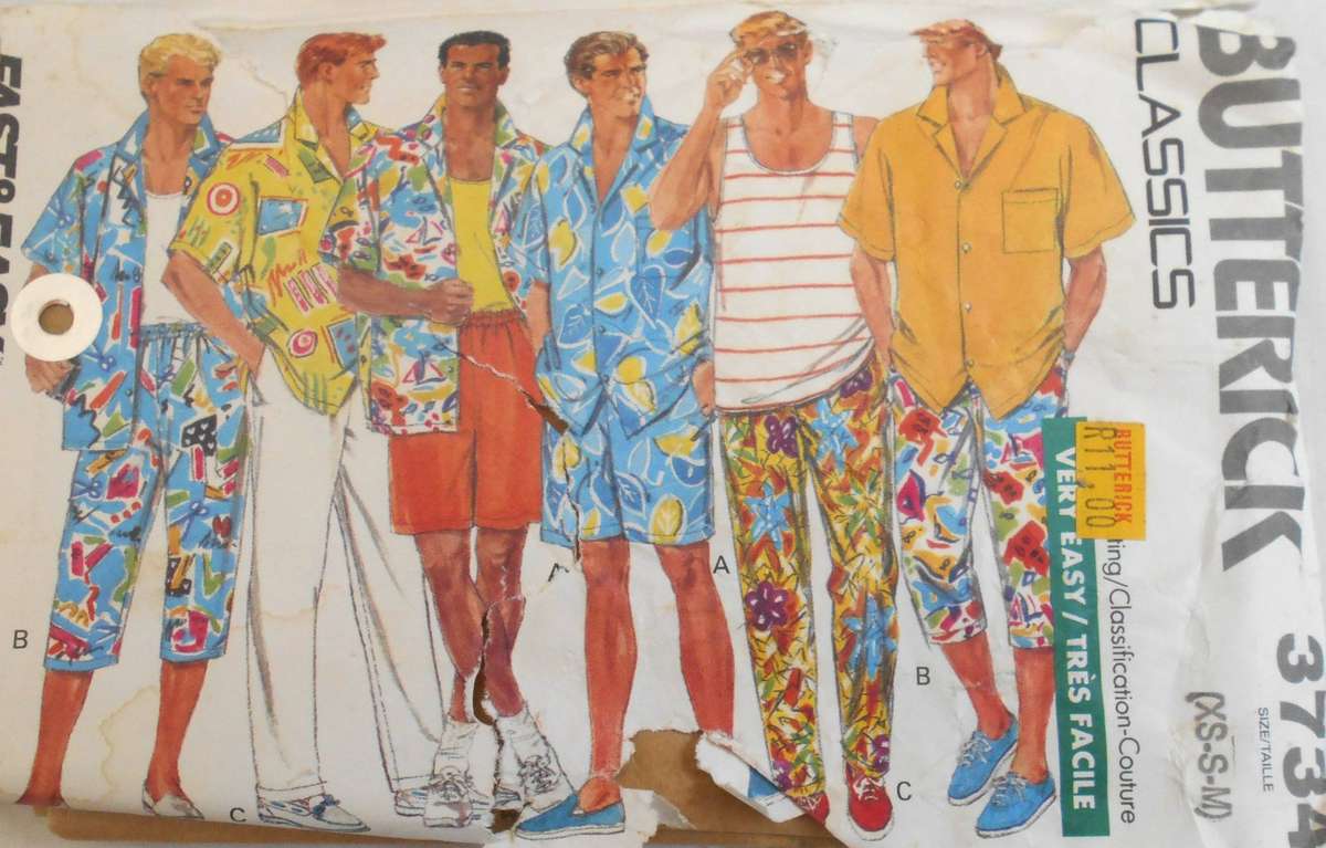 BUTTERICK 3734 MEN'S SHORTS-PANTS-SHIRT-TANK TOP SIZE XS-S-M (30-40) COMPLETE-CUT TO M (38-40)