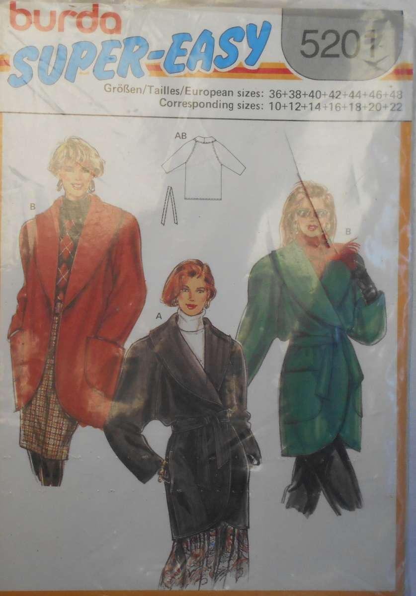 BURDA 5201 WINTER COAT/TRENCH COAT SIZE 10-22 - COMPLETE-UNCUT-F/FOLDED