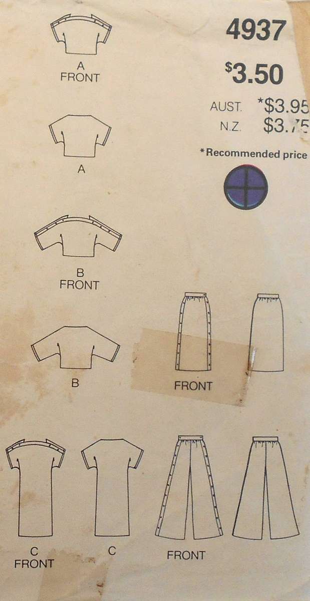 BUTTERICK 4937 DRESS-TOP-SKIRT-PANTS SIZE 12-14-16 COMPLETE-CUT TO 16