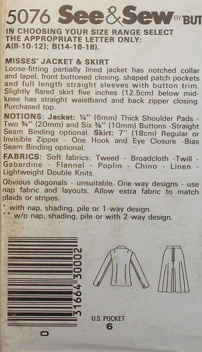 BUTTERICK 5076 JACKET & SLIGHTLY FLARED SKIRT SIZE 8-10-12 COMPLETE-UNCUT-F/FOLDED