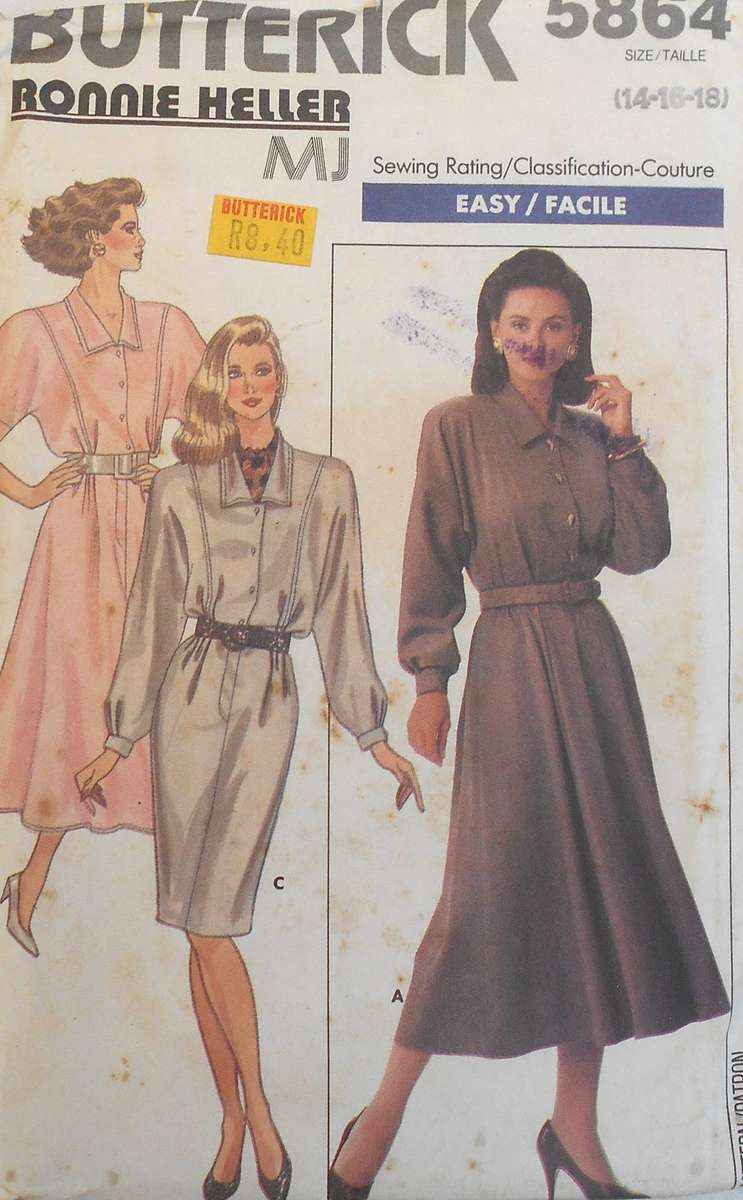 BUTTERICK 5864 VERY LOOSE BLOUSON FRONT BUTTON DRESS SIZE 14-16-18-COMPLETE-CUT TO 16