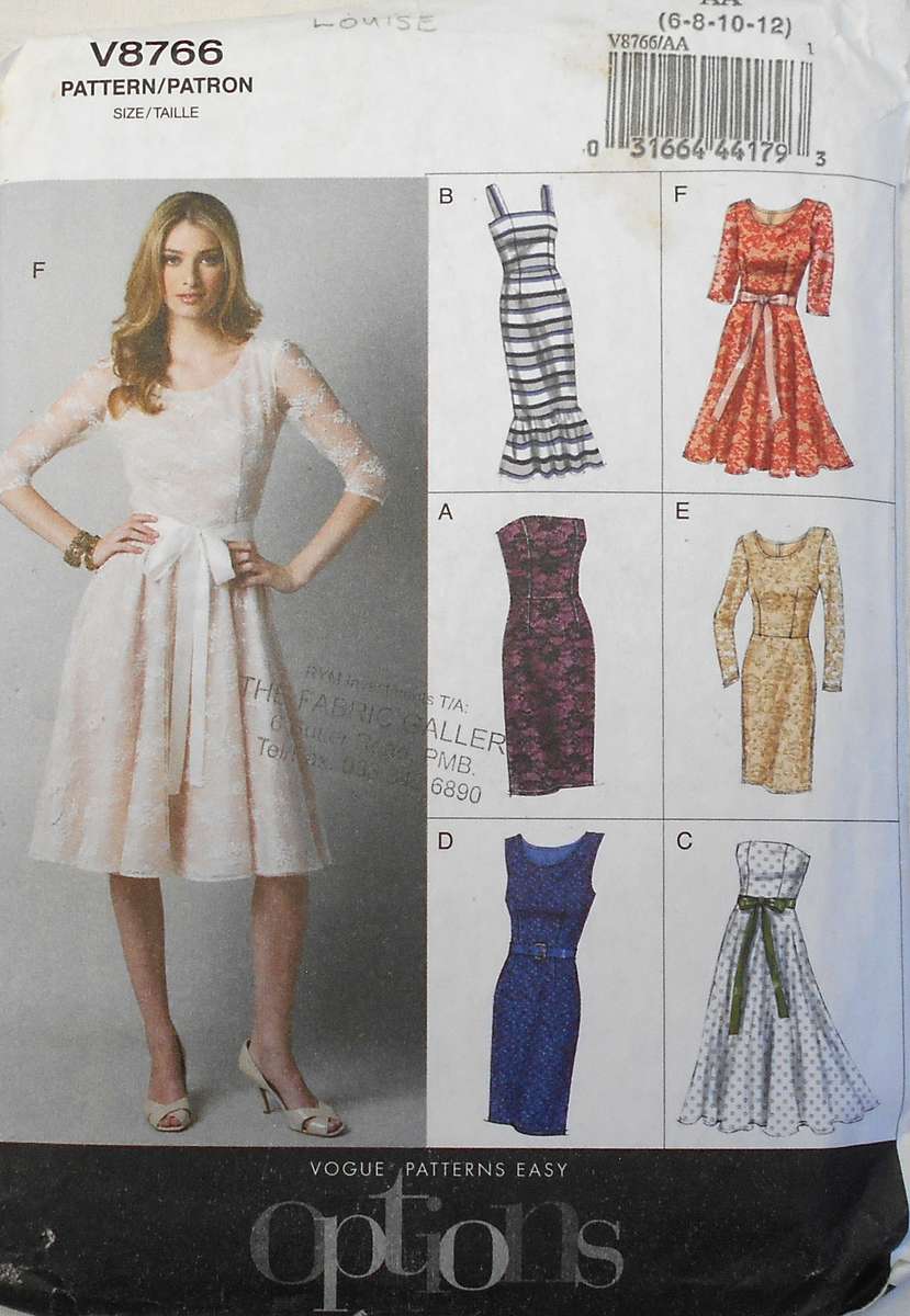 VOGUE OPTIONS V8766 LINED DRESS WITH BODICE VARIAITIONS SIZE 6-8-10-12 COMPLETE- CUT TO 12