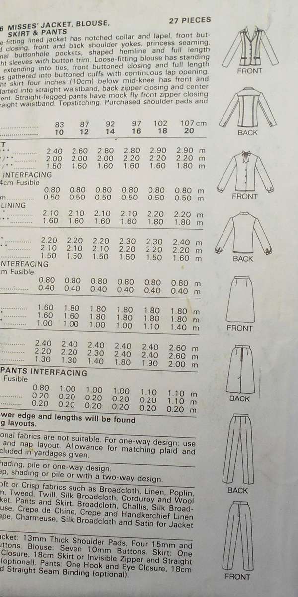 BUTTERICK 3036 JACKET-BLOUSE-SKIRT-PANTS SIZE 14 COMPLETE-ZIPLOC