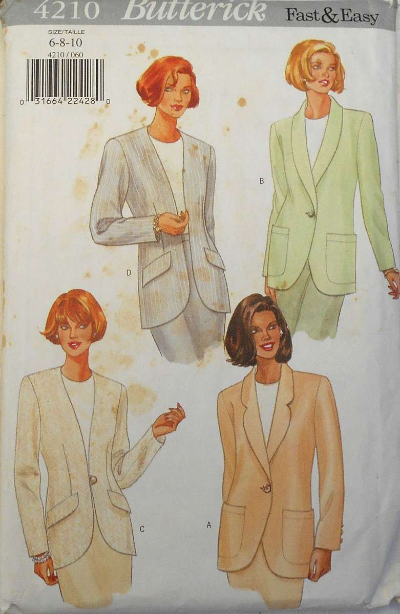 BUTTERICK 4219 LOOSE FITTING UNLINED JACKET SIZE 6-8-10-COMPLETE-CUT TO 10