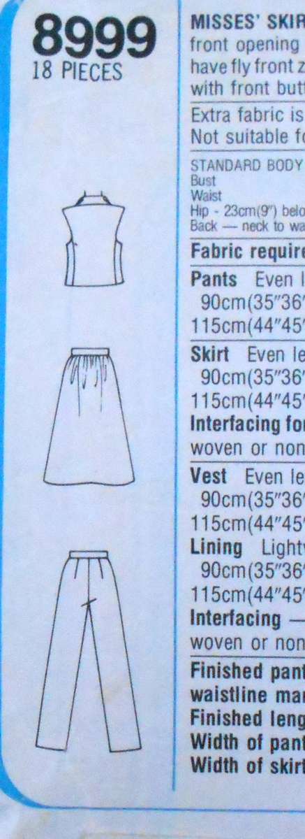 SIMPLICITY 8999 SKIRT-PANTS-LINED WAISTCOAT SIZE 10 BUST 83 CM -COMPLETE