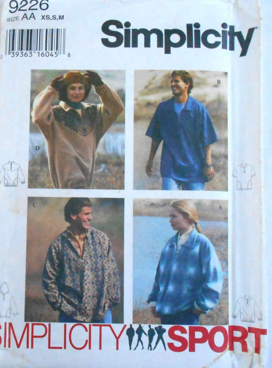 SIMPLICITY 9226 UNISEX PULLOVER HOODIE SWEAT SHIRT SIZE XS-S-M (30-40) COMPLETE-UNCUT-F/.FOLDED