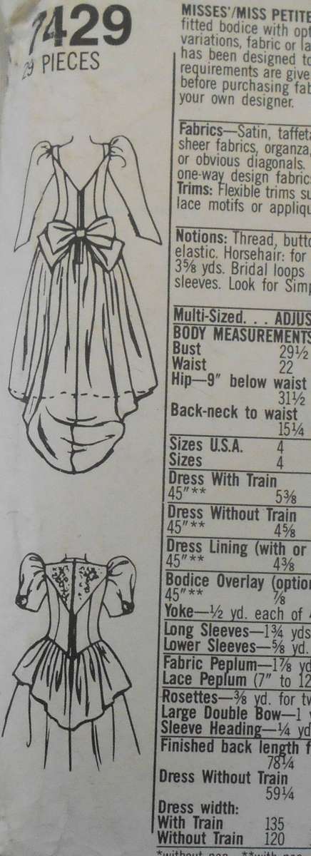 SIMPLICITY 7429 LINED BRIDAL DRESS SIZE 8-16 COMPLETE-PART CUT TO 16