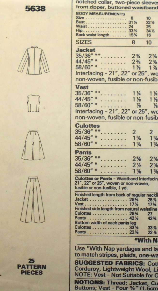 McCALLS 5638 UNLINED JACKET-WAISTCOAT-PANTS-CULOTTES SIZE 12 BUST 34 COMPLETE