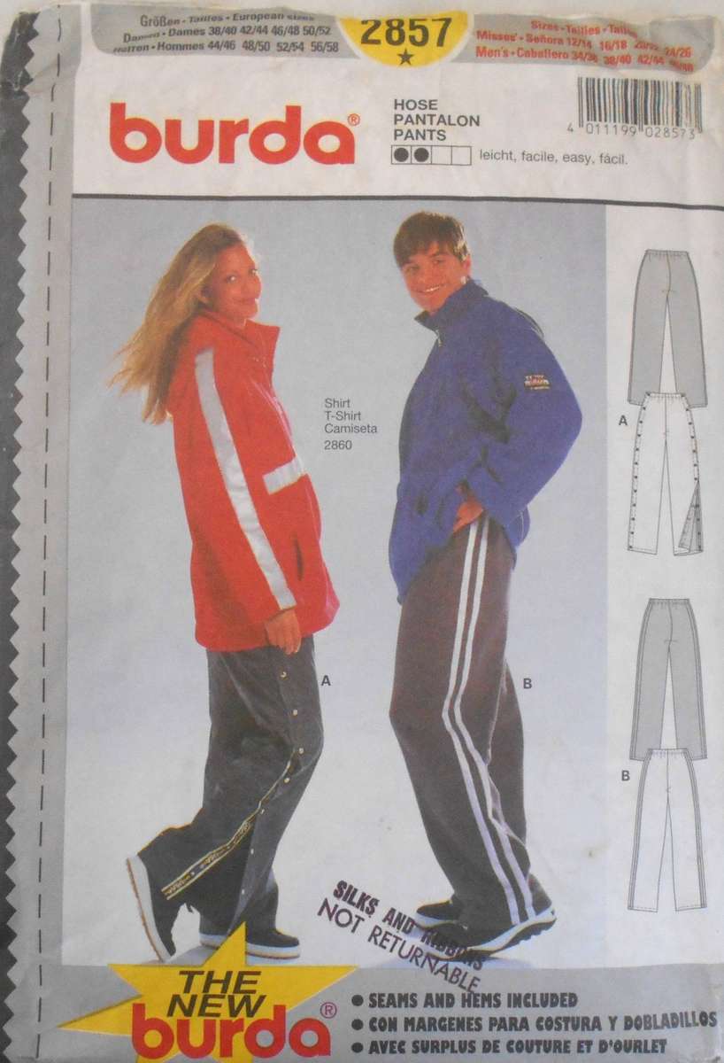BURDA 2857 UNISEX SEMI FITTED TRACKSUIT PANTS SIZE 12/14-16/18-20/22-24/26 MEN 34-48 COMPLETE UNCUT