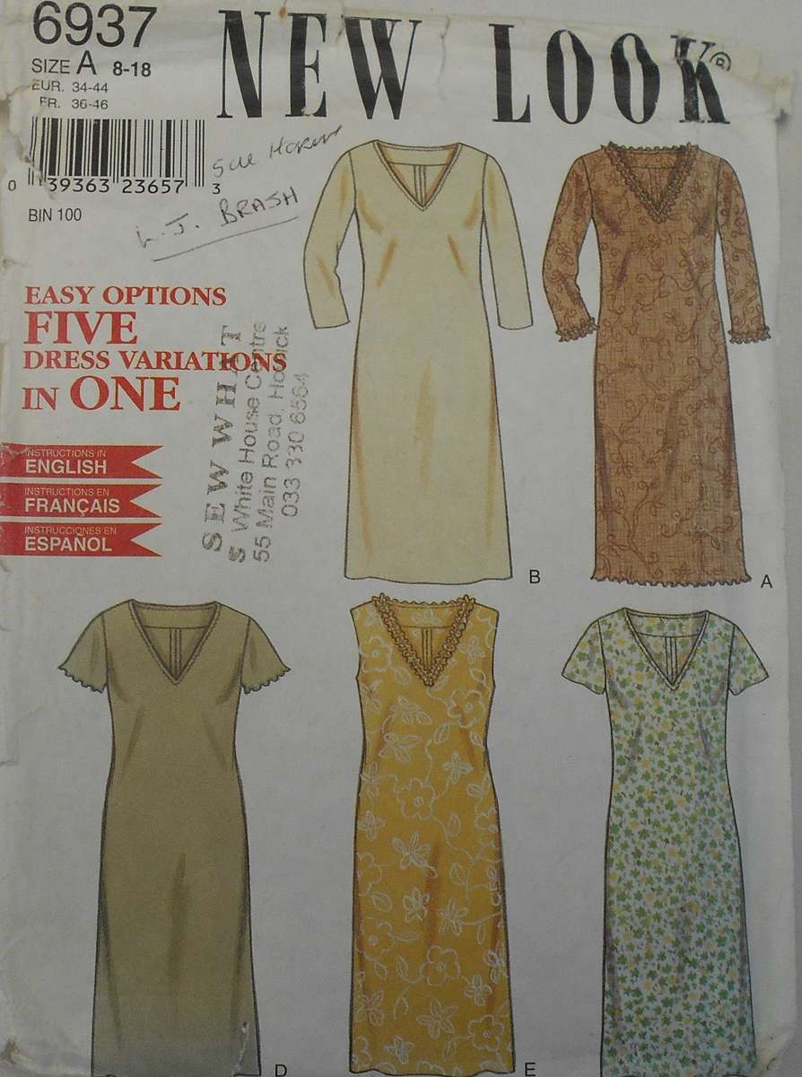 NEW LOOK PATTERNS 6937 V NECK DRESS WITH SLEEVE VARIATIONS SIZE 8-18 COMPLETE  CUT TO 18