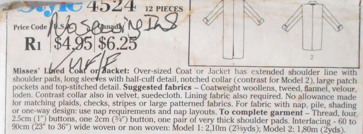 STYLE 4524 LINED COAT OR JACKET SIZE MEDIUM 14-16 COMPLETE-UNCUT-F/FOLDED