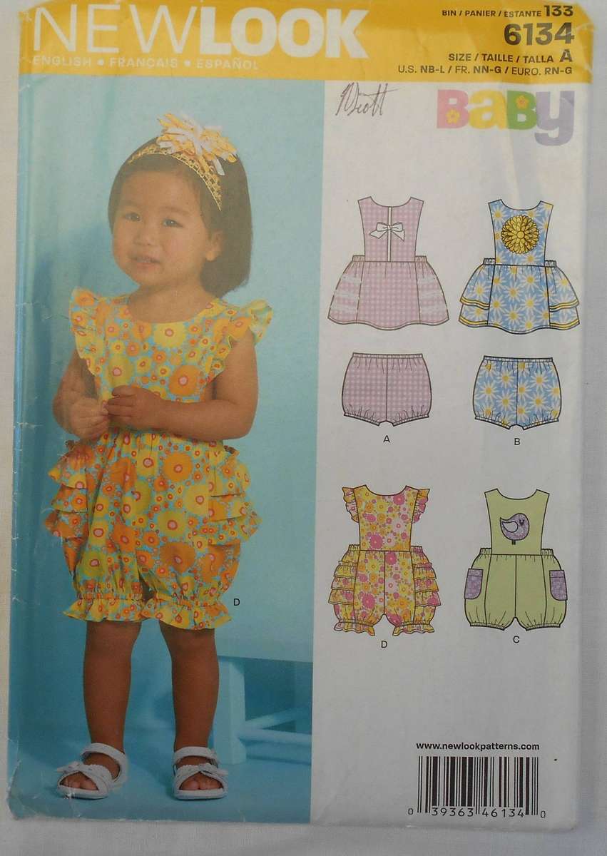 NEW LOOK PATTERNS 6134 BABY NEWBORN DRESS-ROMPER SIZE NB-S-M-L (7-24 LBS) COMPLETE-UNCUT-F/FOLDED