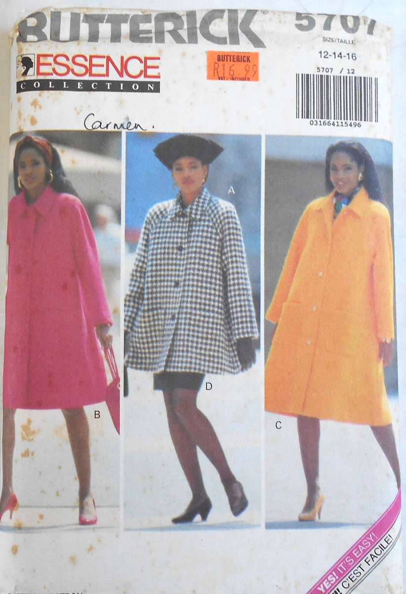 BUTTERICK 5707 WINTER COAT-TOP-SKIRT SIZE 12-14-16 COMPLETE-UNCUT-F/FOLDED