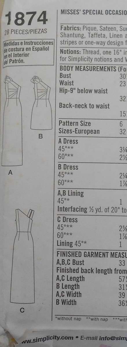 SIMPLICITY 1874 PARTY OR EVENING DRESS SIZE 6-14 COMPLETE-CUT TO 12/14