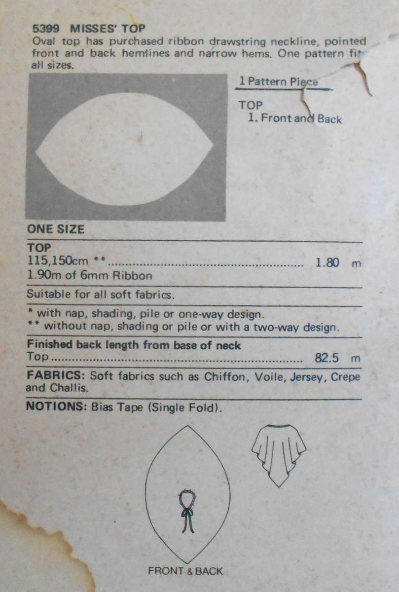 BUTTERICK 5399 ONE PIECE TOP ONE SIZE COMPLETE-ZIPLOC