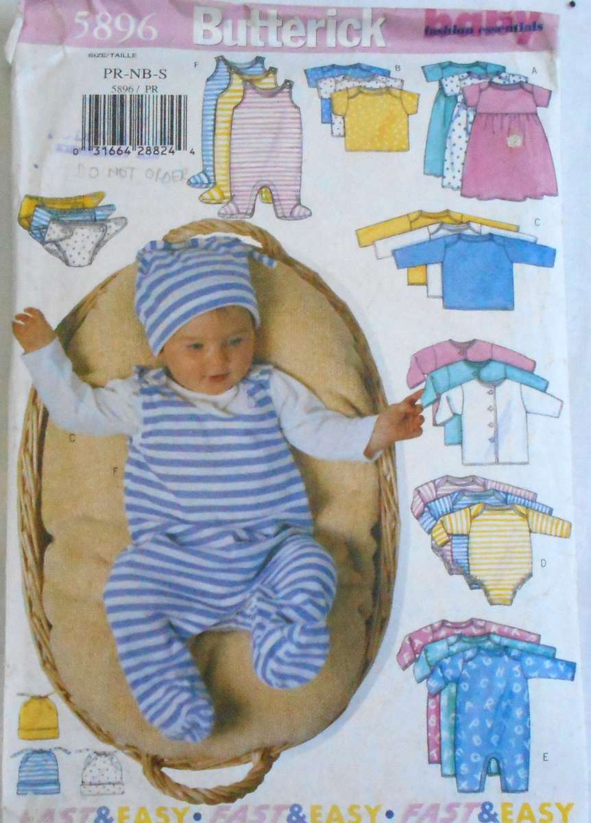BUTTERICK 5896 INFANTS JACKET-DRESS-TOP-ROMPER-DIAPER COVER-HAT SIZE PB-NB-S COMPLETE-CUT TO S 13-17