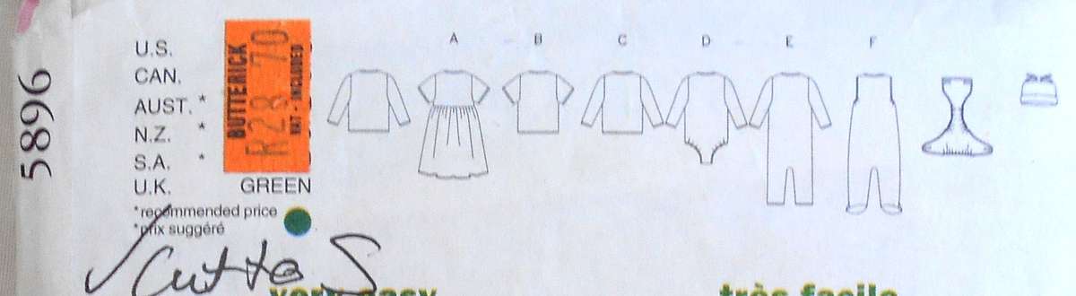 BUTTERICK 5896 INFANTS JACKET-DRESS-TOP-ROMPER-DIAPER COVER-HAT SIZE PB-NB-S COMPLETE-CUT TO S 13-17