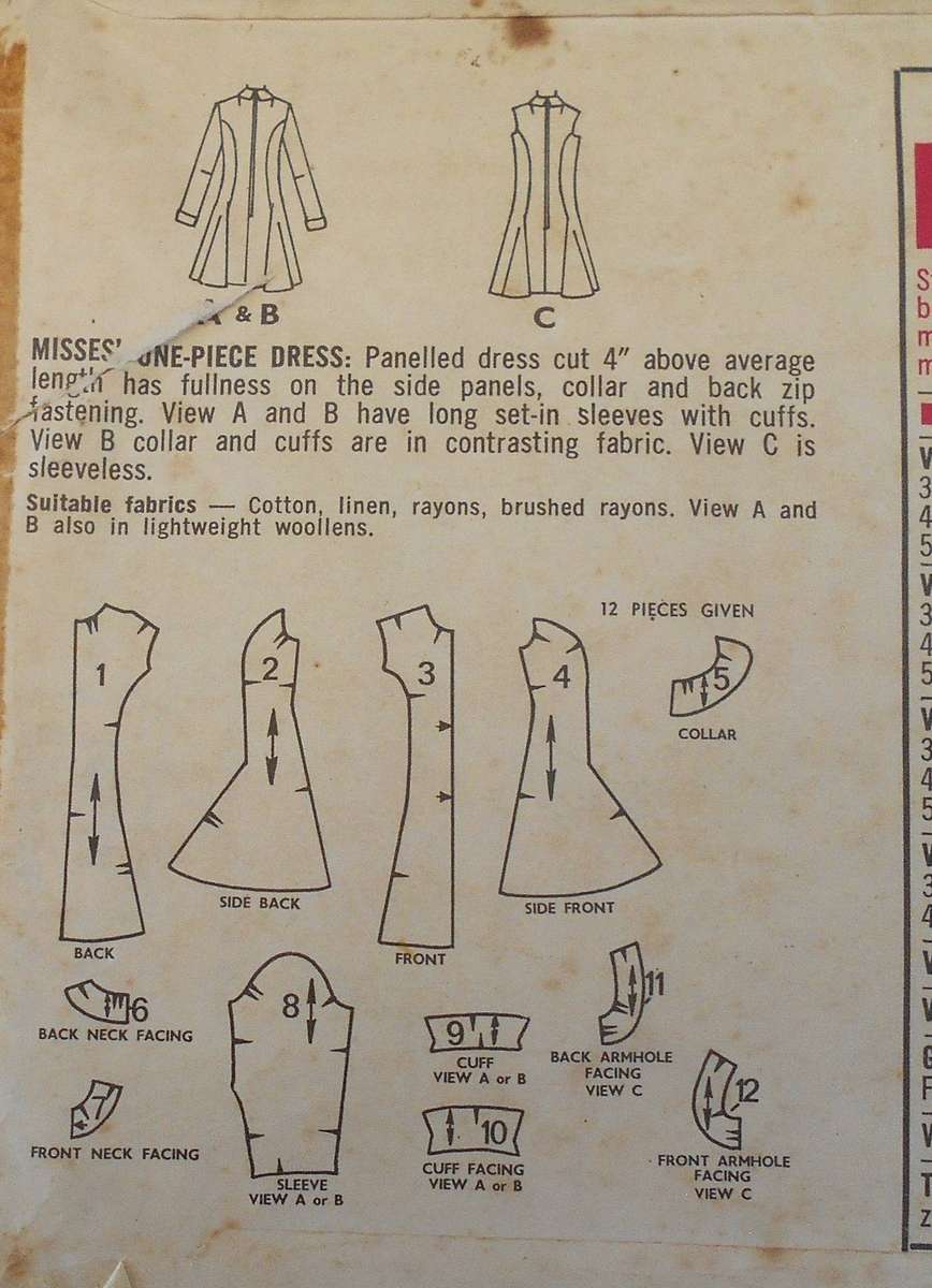 VINTAGE STYLE 2119 ONE PIECE DRESS SIZE 14 BUST 36 COMPLETE-ZIPLOC-COVER TORN