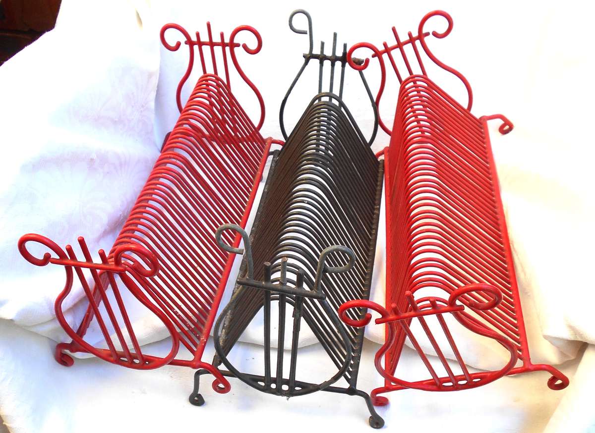 THREE VINTAGE ART DECO STYLE VINYL RECORD STAND- 2 RED & 1 BLACK