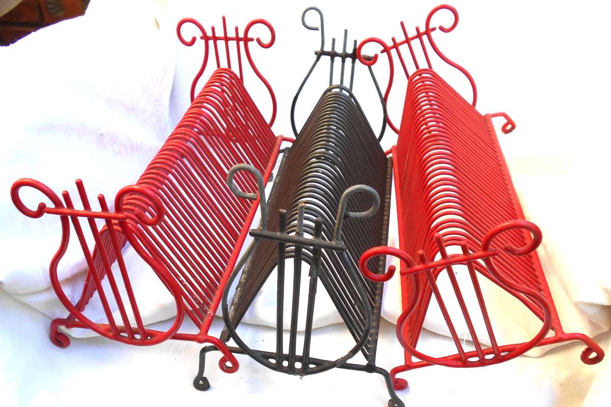 THREE VINTAGE ART DECO STYLE VINYL RECORD STAND- 2 RED & 1 BLACK