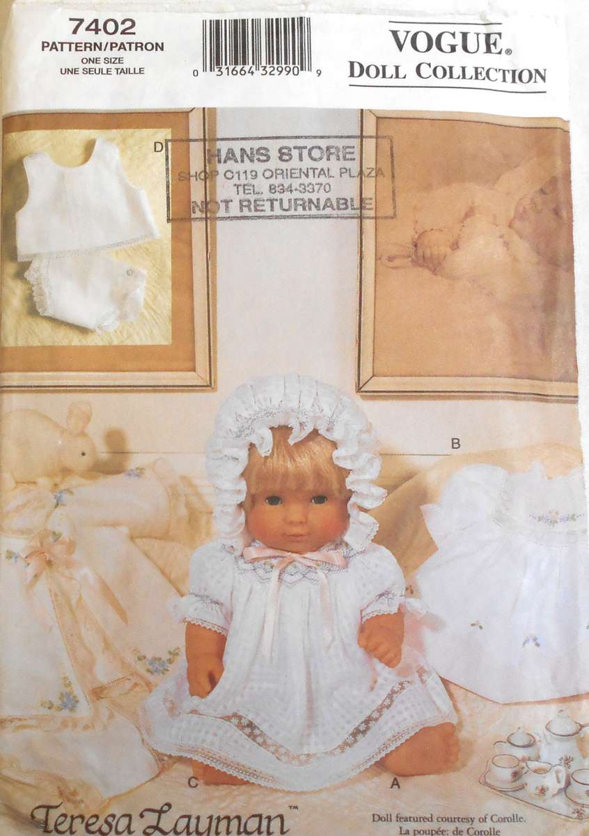 VOGUE 7402 BABY DOLL LAYETTE WITH IRON ON TRANSFER SIZE 14"/36 CM -16"/41 CM- SEE LISTING