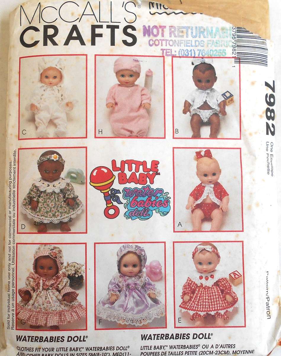 McCALLS CRAFTS 7982 BABY WATER BABY DOLLS CLOTHES SIZES S8-10" M11-13"L14-16" COMPLETE-UNCUT F/F