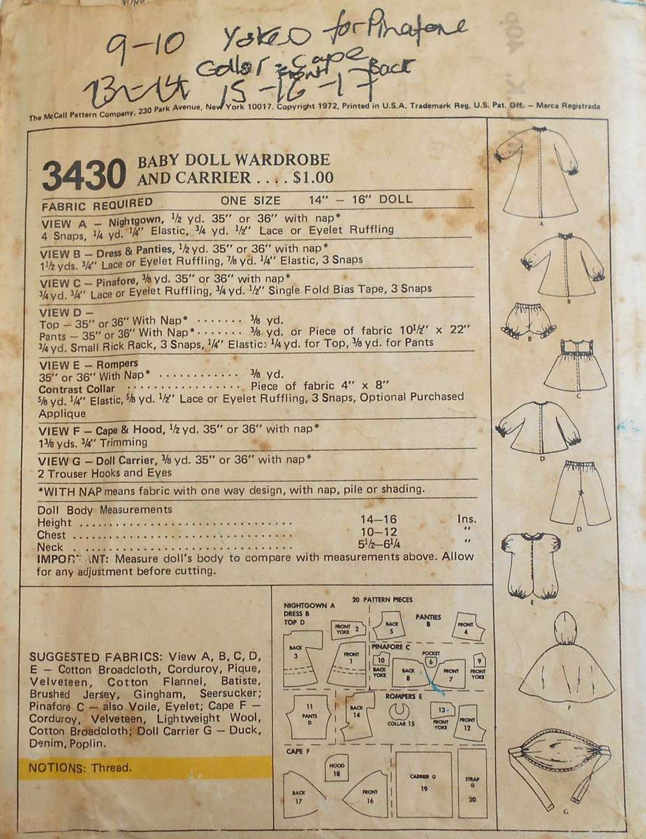 McCALLS 3430 BABY DOLLS CLOTHES & CARRIER SIZES 14-16" SEE LISTING