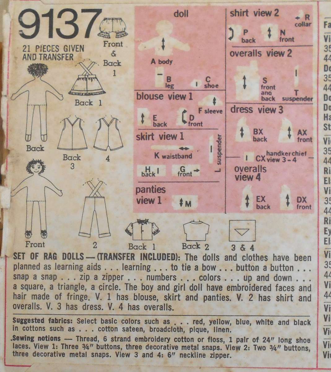 SIMPLICITY 9137 SET OF RAG DOLLS WITH CLOTHES SIZE 24" 61 CM COMPLETE & PART CUT