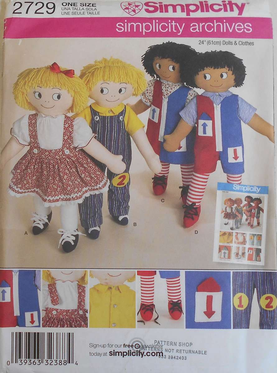 SIMPLICITY 2729 SET OF RAG DOLLS WITH CLOTHES SIZE 24" 61 CM COMPLETE - ORIGINAL PATTERN 9135