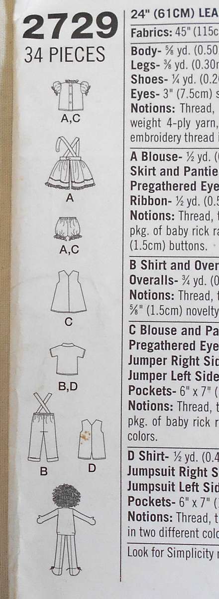 SIMPLICITY 2729 SET OF RAG DOLLS WITH CLOTHES SIZE 24" 61 CM COMPLETE - ORIGINAL PATTERN 9135