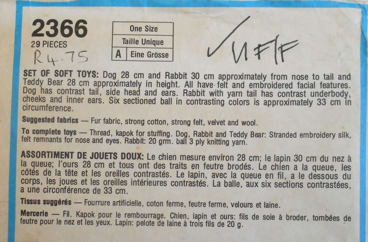 STYLE CRAFT 2366 SET OF SOFT TOYS DOG 28 CM-RABBIT 30 CM TEDDY BEAR  28 CM COMPLETE-UNCUT-F/FOLDED