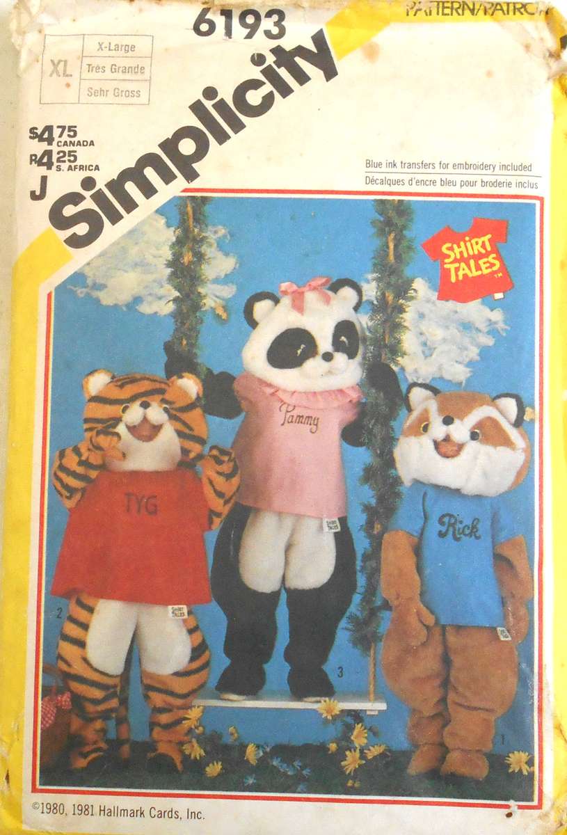 SIMPLICITY 6193 GIRLS & BOYS ANIMAL COSTUMES SIZE XL  12-14 YEARS COMPLETE-UNCUT-F/FOLDED
