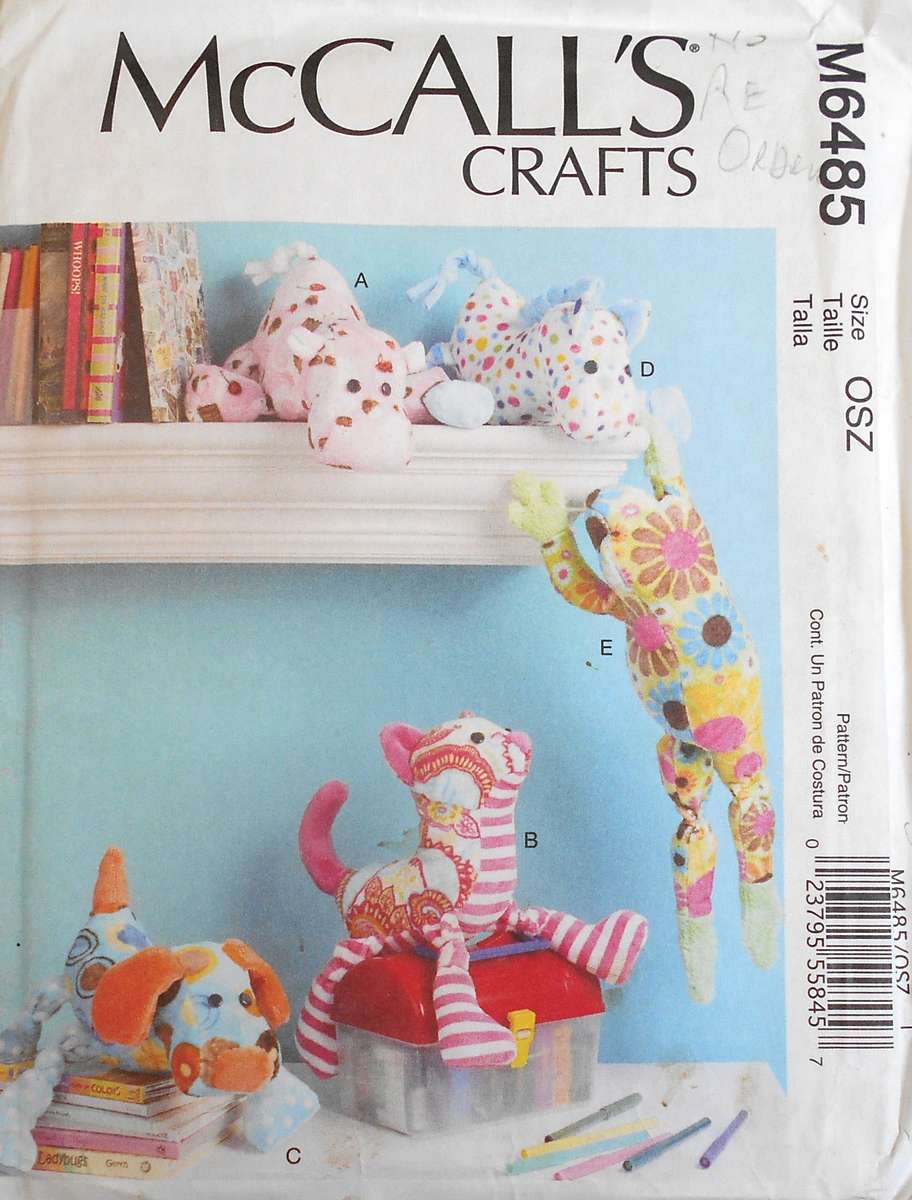 McCALLS CRAFT M6485 STUFFED ANIMALS HIPPO-CAT-DOG-HORSE-FROG COMPLETE-UNCUT-F/FOLDED