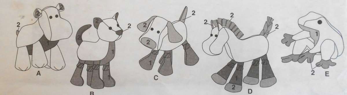 McCALLS CRAFT M6485 STUFFED ANIMALS HIPPO-CAT-DOG-HORSE-FROG COMPLETE-UNCUT-F/FOLDED