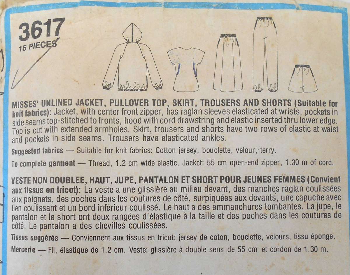 STYLE 3617 TRACKSUIT UNLINED JACKET-PULLOVER TOP-SKIRT-PANTS-SHORTS SIZE 8-14 COMPLETE-NO SEWING INS