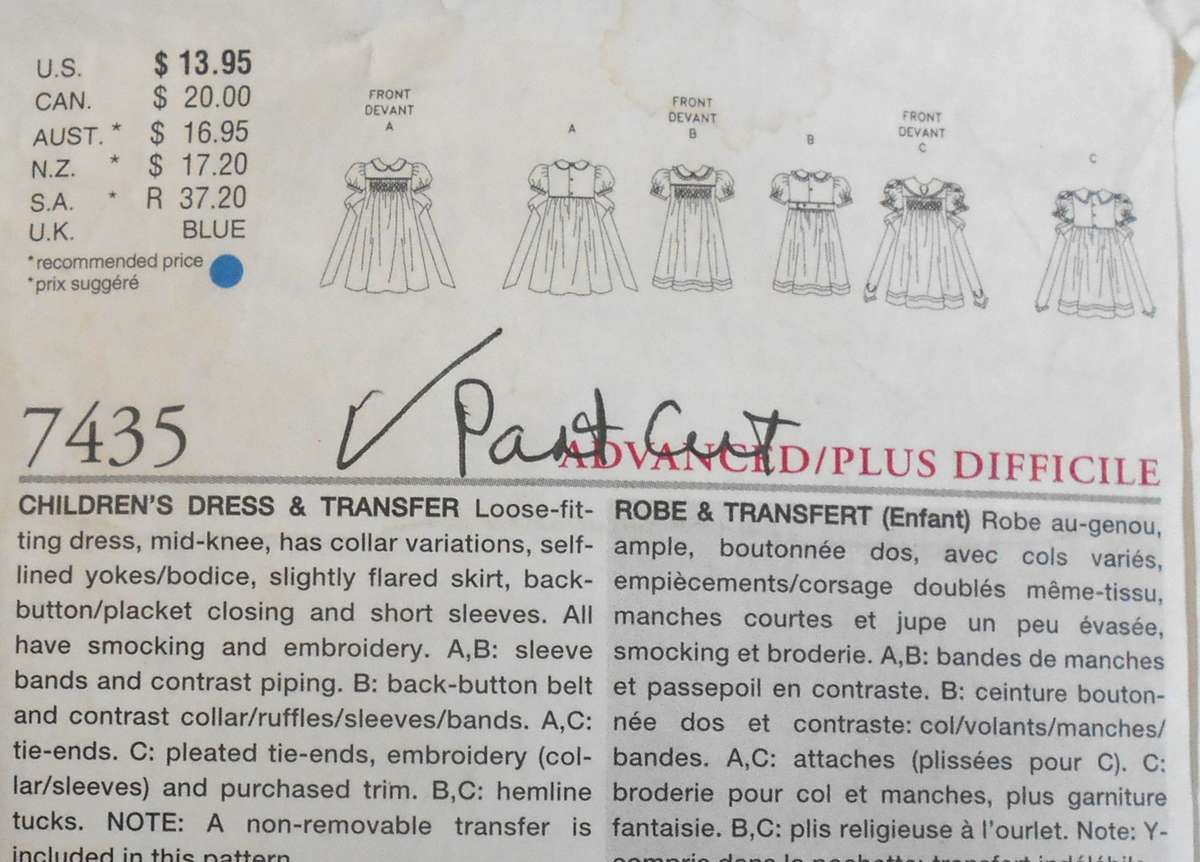 VOGUE 7435 GIRLS DRESS-SIZE 5-6X YEARS COMPLETE-PART CUT WITH SMOCKING