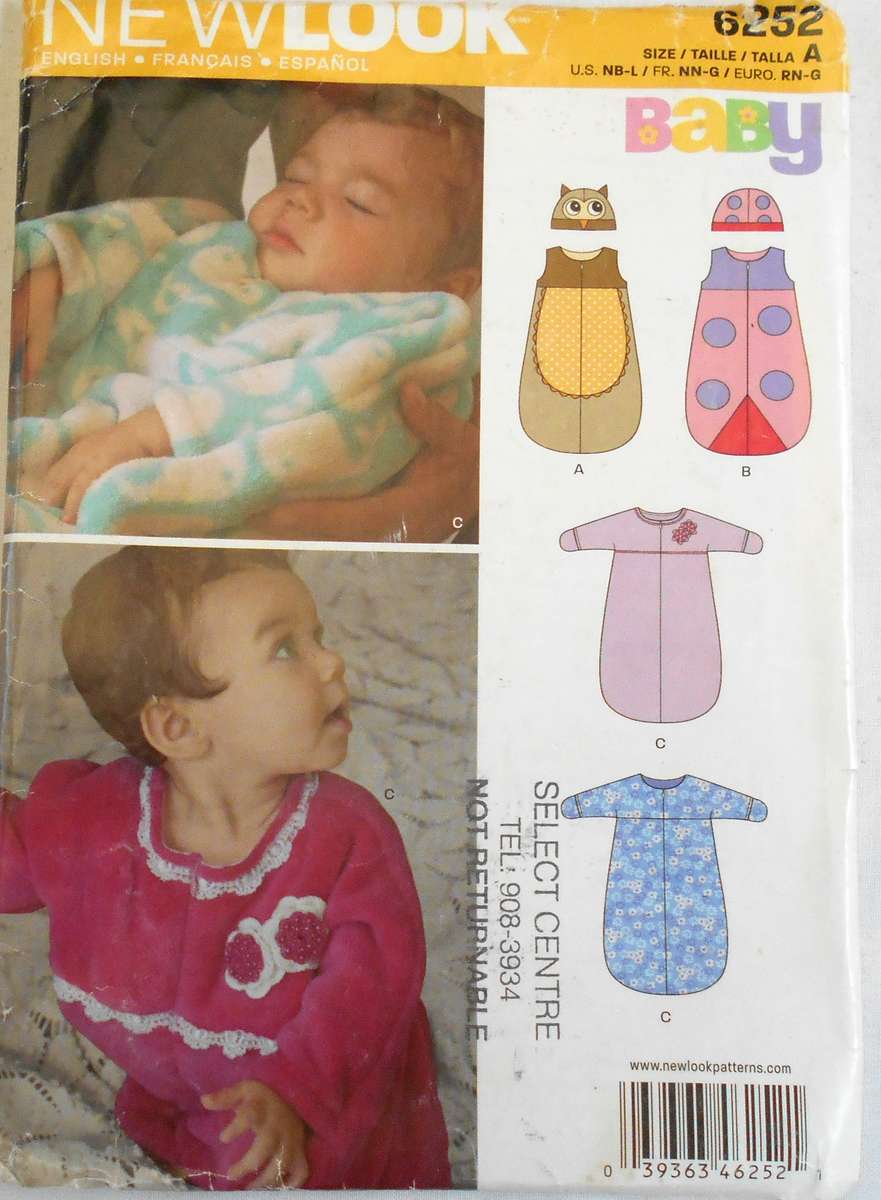 NEW LOOK PATTERNS 6252 INFANTS SLEEPBAG & HAT SIZEXS-S-M-L (7-24 LBS) COMPLETE CUT TO L (21-24 LBS)