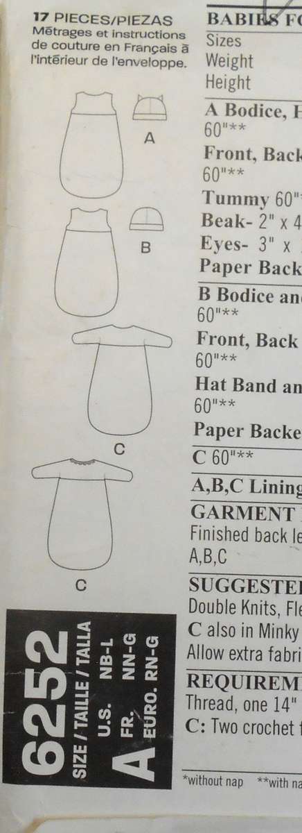 NEW LOOK PATTERNS 6252 INFANTS SLEEPBAG & HAT SIZEXS-S-M-L (7-24 LBS) COMPLETE CUT TO L (21-24 LBS)