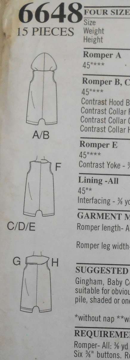 NEW LOOK PATTERNS 6648 ROMPERS SIZE NB-S-M-L (7-24 LBS) COMPLETE-UNCUT-F/FOLDED