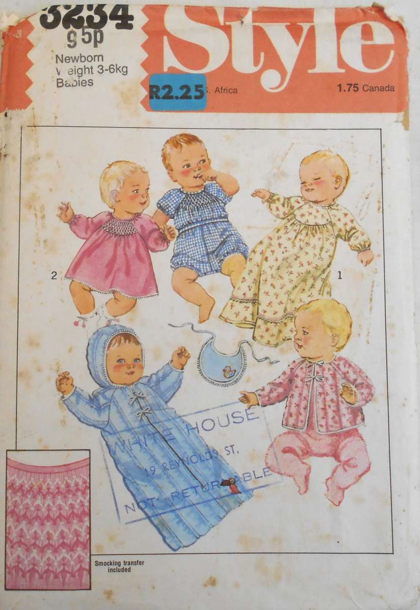 STYLE 3234 BABIES LAYETTE SIZE NB SMOCKING INCLUDED COMPLETE-UNCUT-F/FOLDED