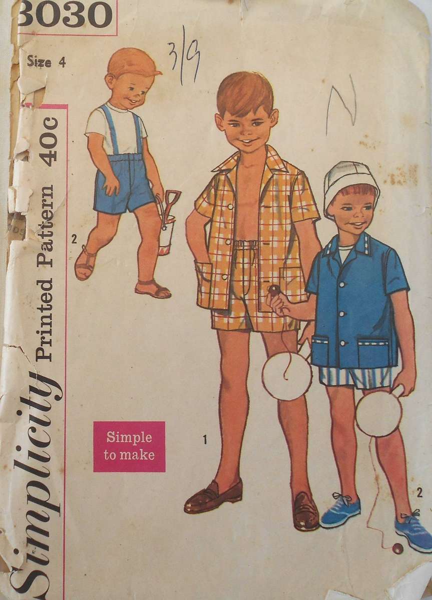 VINTAGE SIMPLICITY 3030-BOYS SHORTS & JACKET SIZE 4 YEARS COMPLETE-ZIPLOC