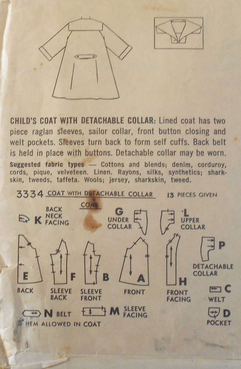 VINTAGE SIMPLICITY 3334 GIRLS LINED COAT WITH DETACHABLE COLLAR SIZE 3 YEARS COMPLETE-ZIPLOC