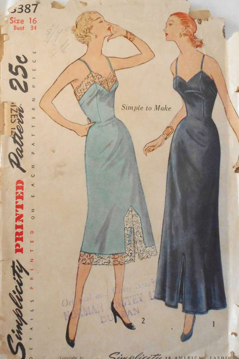VINTAGE SIMPLICITY 3387 DAYTIME SLIP AND EVENING LENGTHS SIZE16 BUST 34 COMPLETE-ZIPLOC