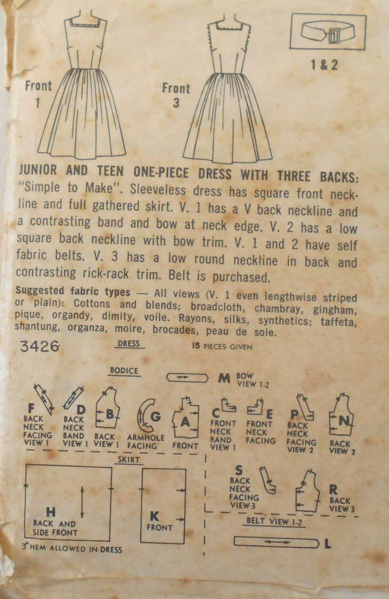 VINTAGE SIMPLICITY 3426 ONE PIECE DRESS WITH THREE BACKS SIZE 14 BUST 34 COMPLETE-ZIPLOC