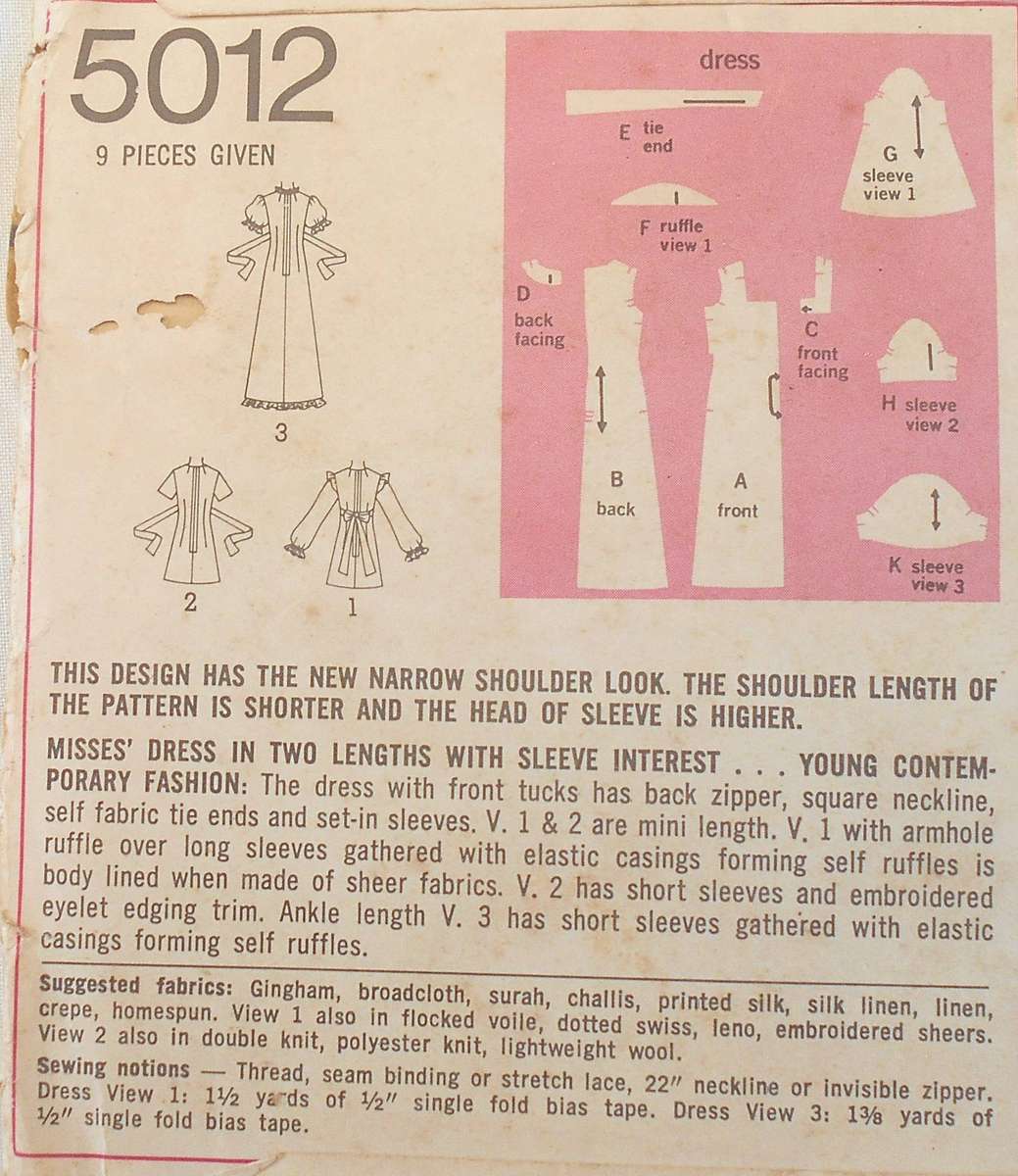 SIMPLICITY 5012 DRESS WITH SLEEVE INTEREST SIZE 12 BUST 34 COMPLETE-UNCUT-F/FOLDED