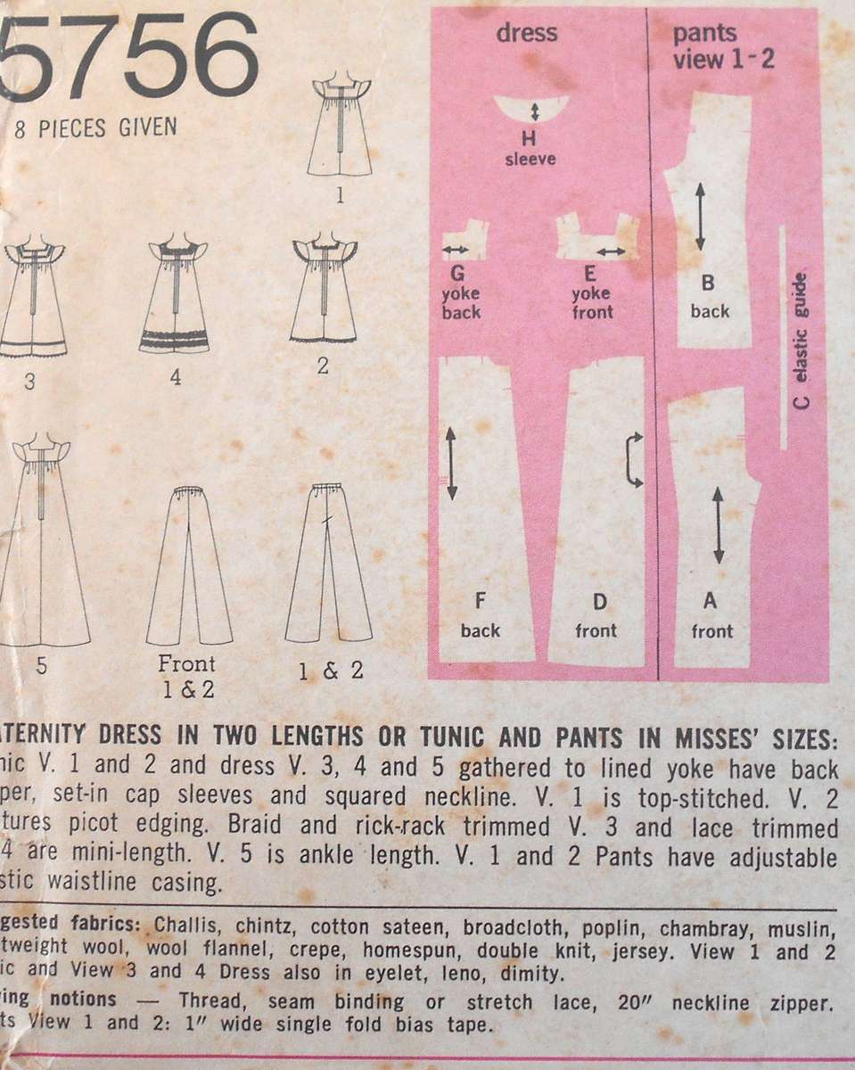 SIMPLICITY 5756 MATERNITY DRESS-TUNIC-PANTS SIZE 12 YEARS BUST 34 COMPLETE