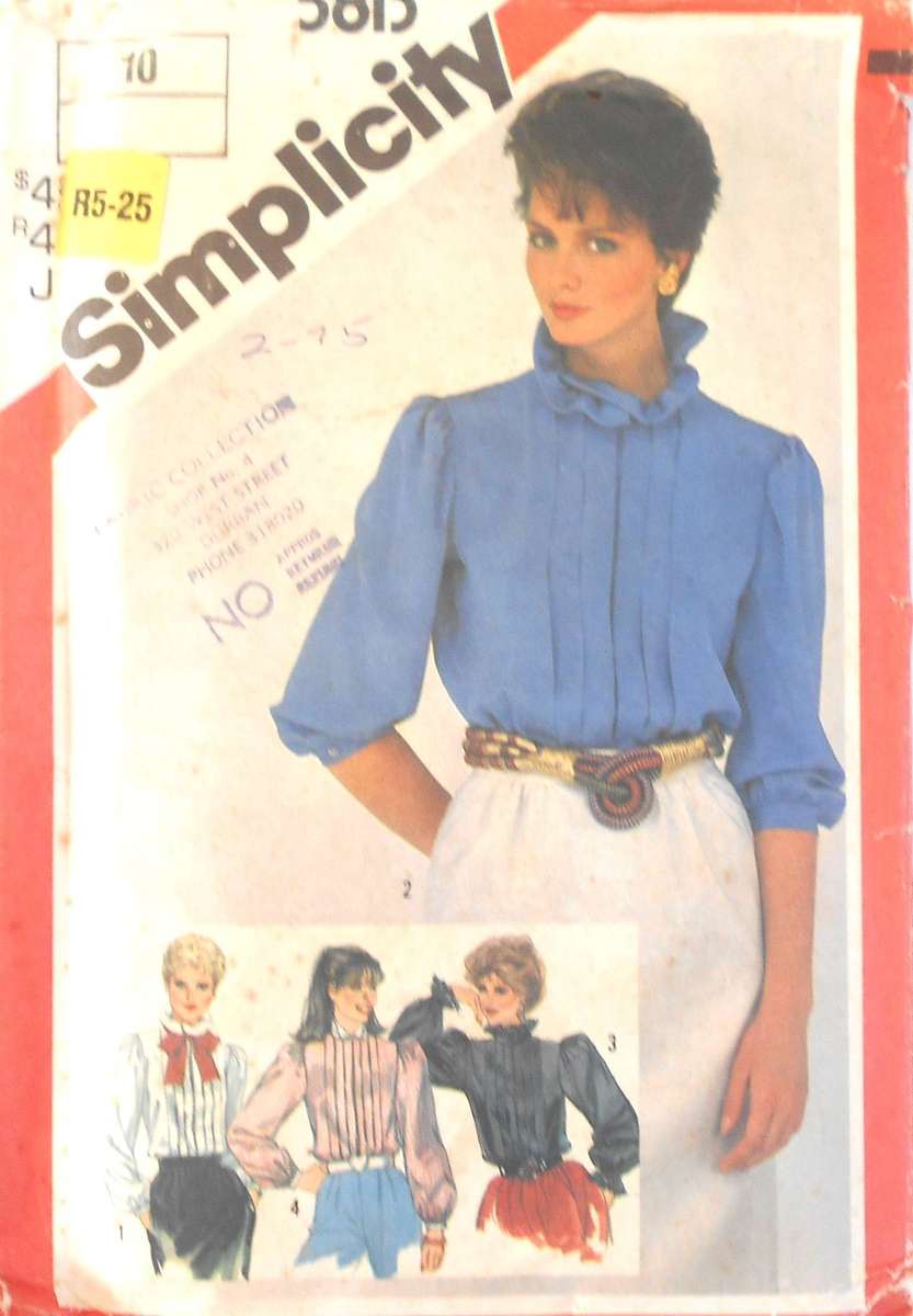 SIMPLICITY 5813 TUCKED BLOUSE WITHNECKLINE & SLEEVE VARIATIONS SIZE 10 COMPLETE-UNCUT-F/FOLDED