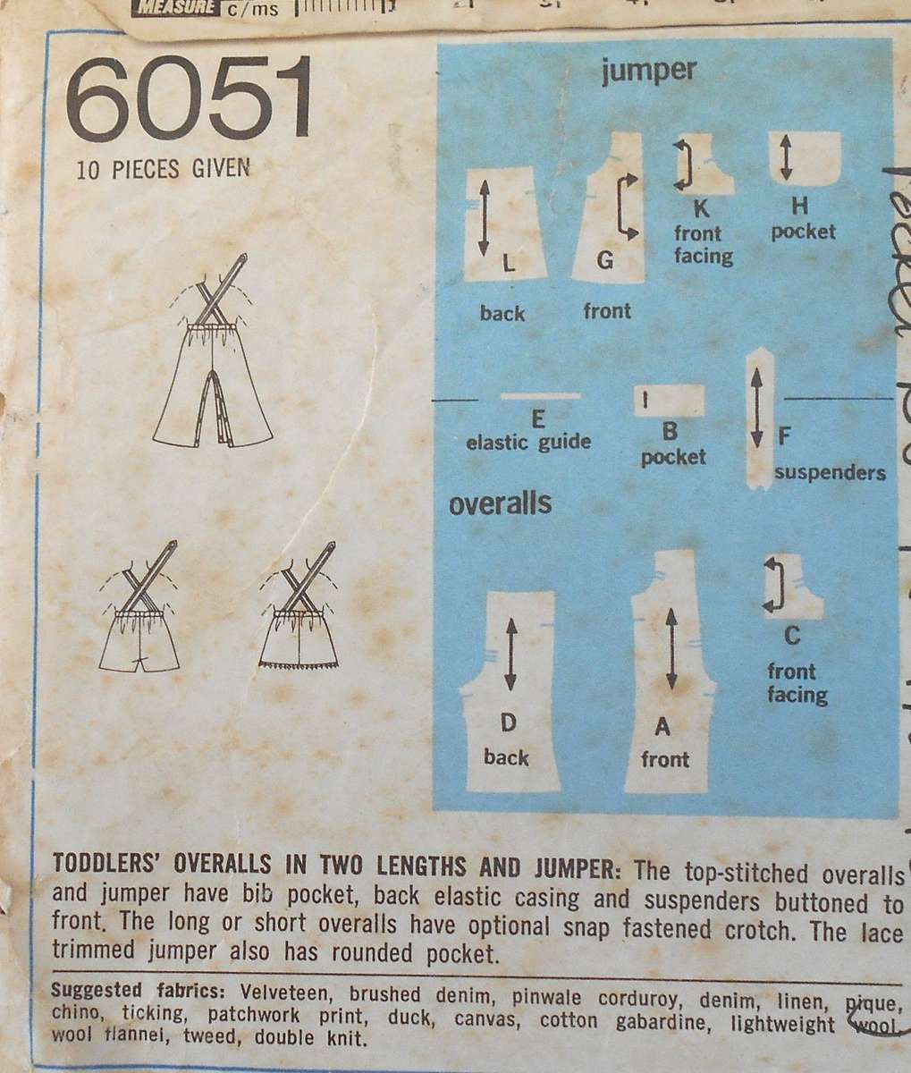 SIMPLICITY 6051 TODDLER OVERALLS & PINAFORE SIZE 2 YEARS CHEST 53 CM - TOP POCKET B NOT SUPPLIED