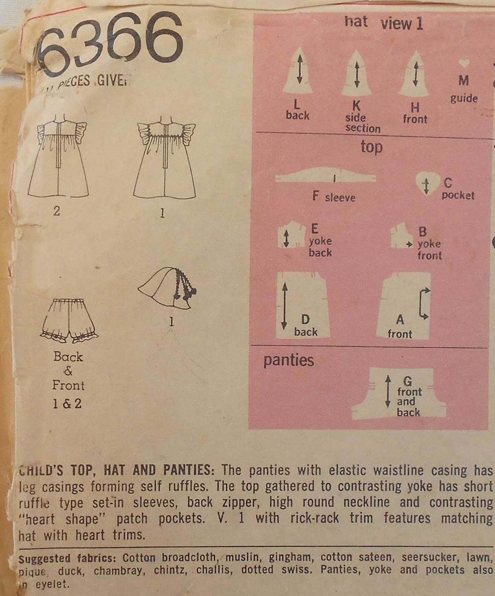SIMPLICITY 6366 GIRLS TOP-HAT & PANTIES SIZE 2 YEARS BREAST 21 COMPLETE