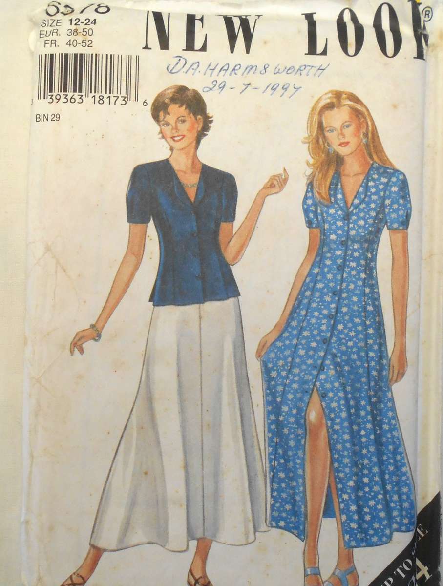 NEW LOOK 6378 TIEBACK DRESS WITH FRONT BUTTONS -TOP-SKIRT  SIZE 12-24 COMPLETE-UNCUT -F/FOLDED